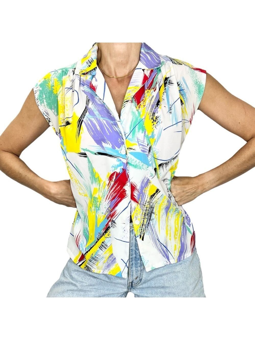 Vintage 80s 90s bold abstract brush stroke colourful cap sleeves blouse top S